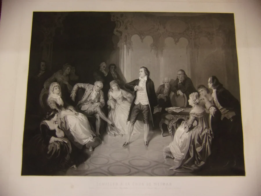 Schiller  ( poète) à La Cour De Weimar, Grande Gravure époque 19 ème.