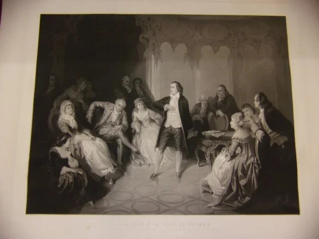 Schiller  ( poète) à La Cour De Weimar, Grande Gravure époque 19 ème.