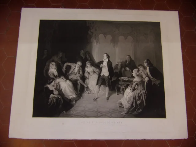 Schiller  ( poète) à La Cour De Weimar, Grande Gravure époque 19 ème.