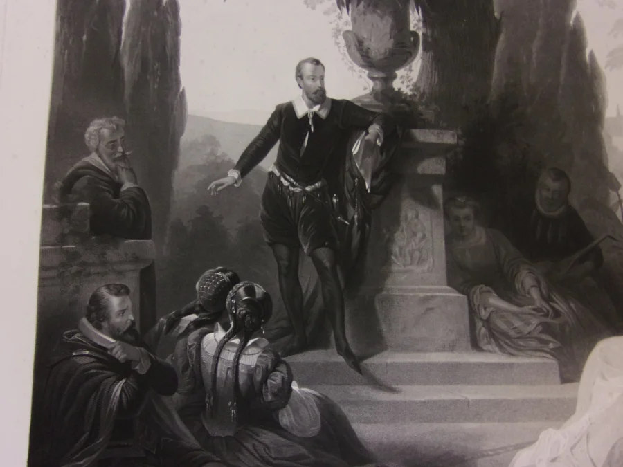 Le Tasse  ( Poète, écrivain ) à La Cour De Ferrare, Grande Gravure époque 19 ème.
