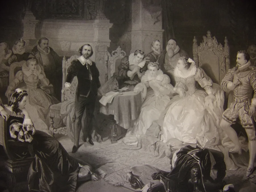 Shakespeare à La Cour d'Elisabeth d'Angeterre, Grande Gravure époque 19 ème.
