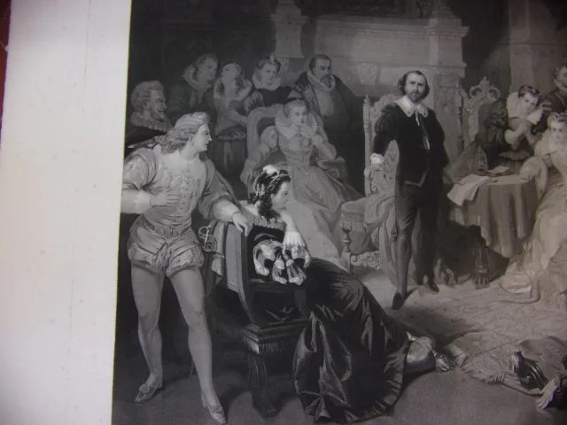 Shakespeare à La Cour d'Elisabeth d'Angeterre, Grande Gravure époque 19 ème.