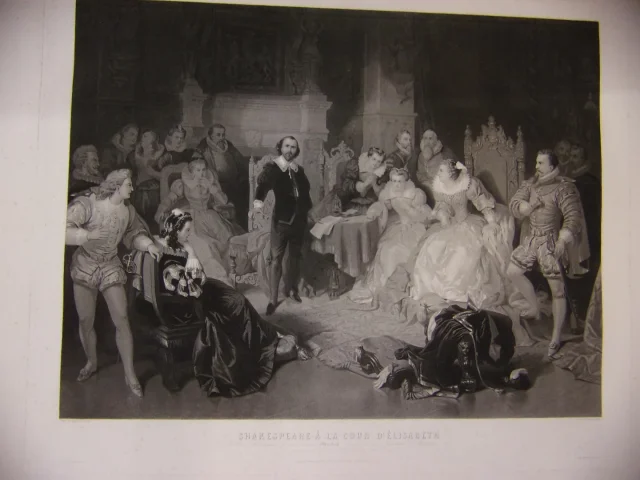 Shakespeare à La Cour d'Elisabeth d'Angeterre, Grande Gravure époque 19 ème.