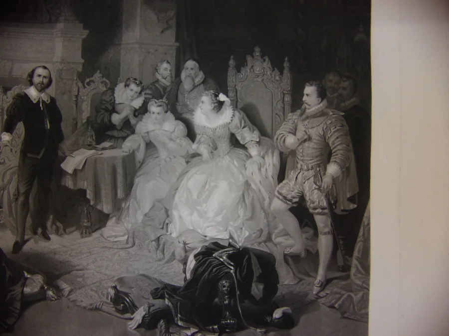 Shakespeare à La Cour d'Elisabeth d'Angeterre, Grande Gravure époque 19 ème.