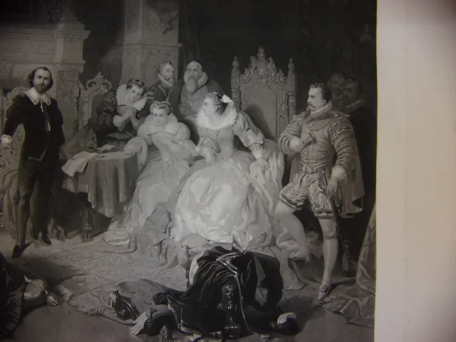 Shakespeare à La Cour d'Elisabeth d'Angeterre, Grande Gravure époque 19 ème.