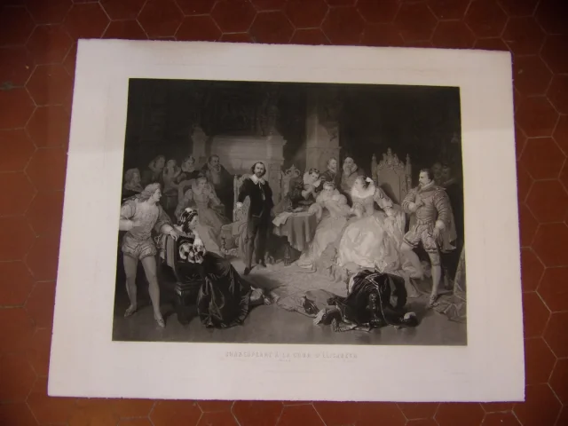 Shakespeare à La Cour d'Elisabeth d'Angeterre, Grande Gravure époque 19 ème.