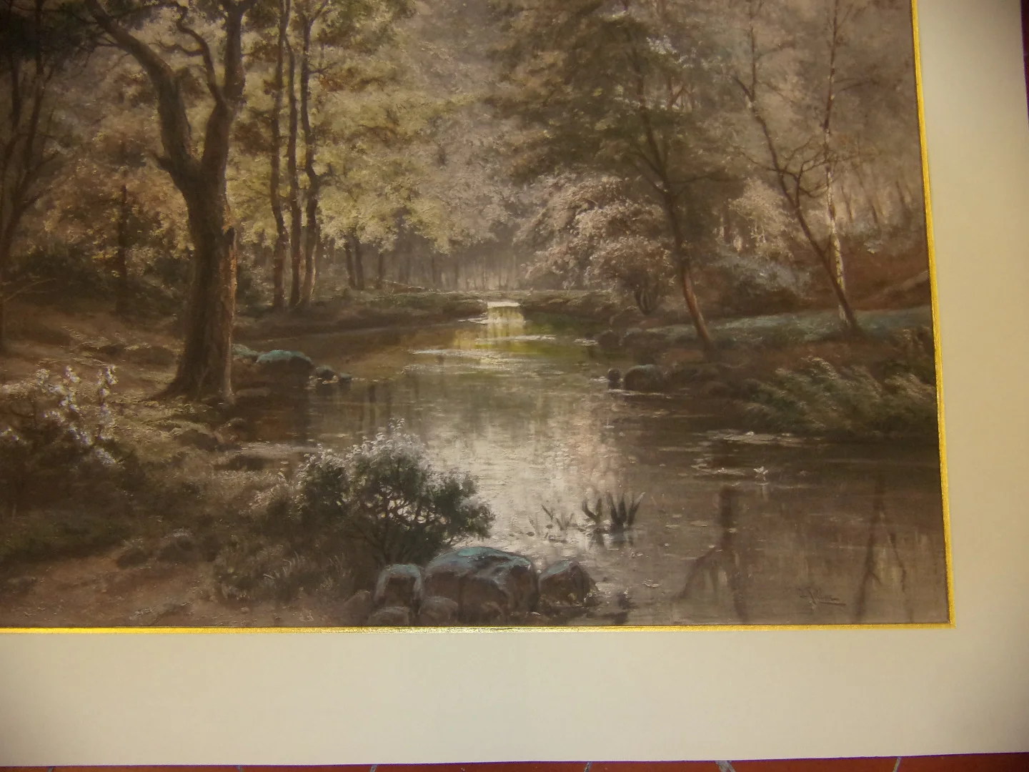 Une Etendue d'Eau Dans Un Sous-Bois, Gravure époque 19ème.