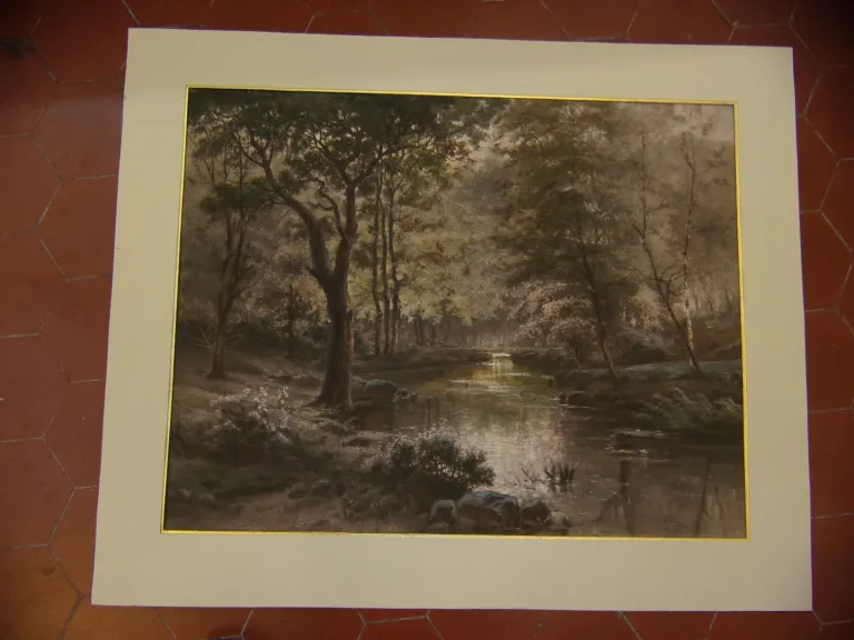 Une Etendue d'Eau Dans Un Sous-Bois, Gravure époque 19ème.