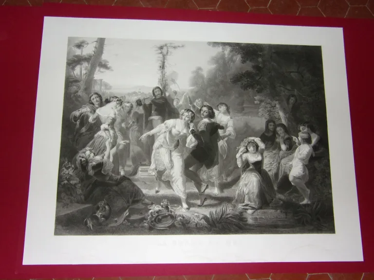 " La Farandole De Mai," Grande Gravure époque 19ème.