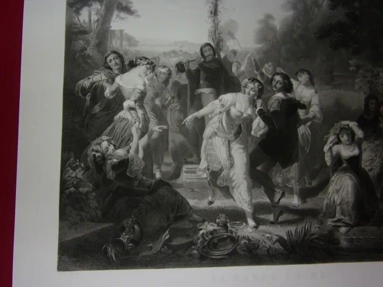 " La Farandole De Mai," Grande Gravure époque 19ème.