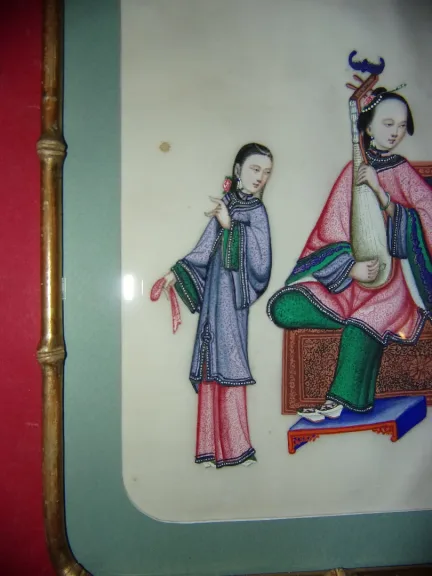 Jeune Femme Jouant Du Pipa, Dessin Sur Papier De Riz, époque 19ème.