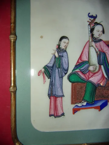 Jeune Femme Jouant Du Pipa, Dessin Sur Papier De Riz, époque 19ème.