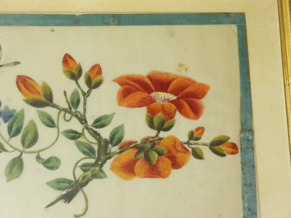 Papillon Et Fleurs, Dessin Sur Papier De Riz,  époque 19 ème.