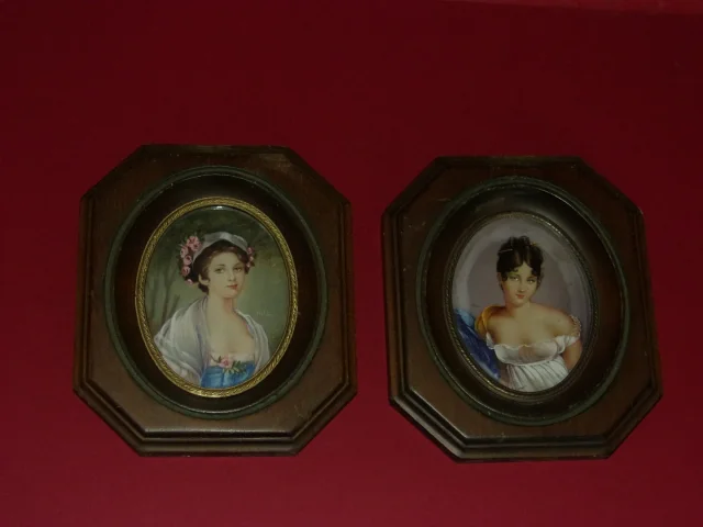 Paire De Miniatures, Dessins De Jeunes Filles époque Fin 19ème.