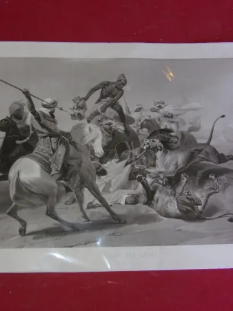 La " Chasse Aux Lions" , Gravure Orientaliste époque 19ème.