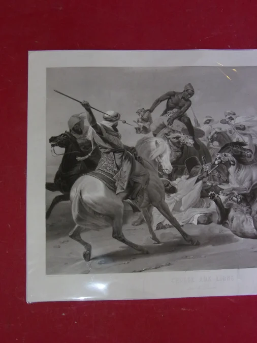 La " Chasse Aux Lions" , Gravure Orientaliste époque 19ème.
