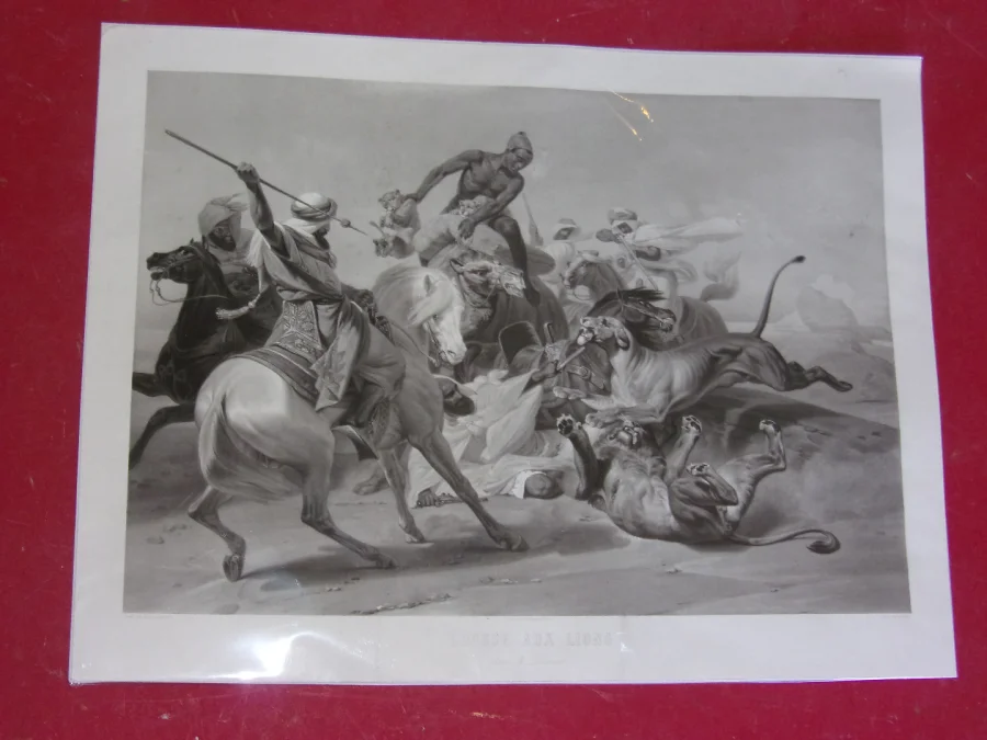 La " Chasse Aux Lions" , Gravure Orientaliste époque 19ème.