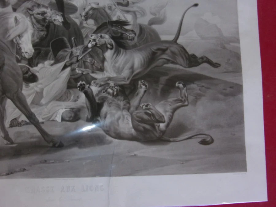 La " Chasse Aux Lions" , Gravure Orientaliste époque 19ème.