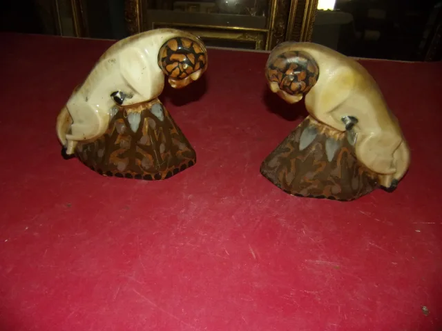 Pair Of Bookends "the Rams" By Camille Tharaud, 20th Century.