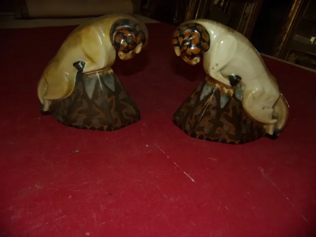 Pair Of Bookends "the Rams" By Camille Tharaud, 20th Century.
