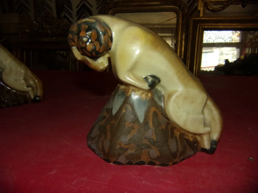 Pair Of Bookends "the Rams" By Camille Tharaud, 20th Century.