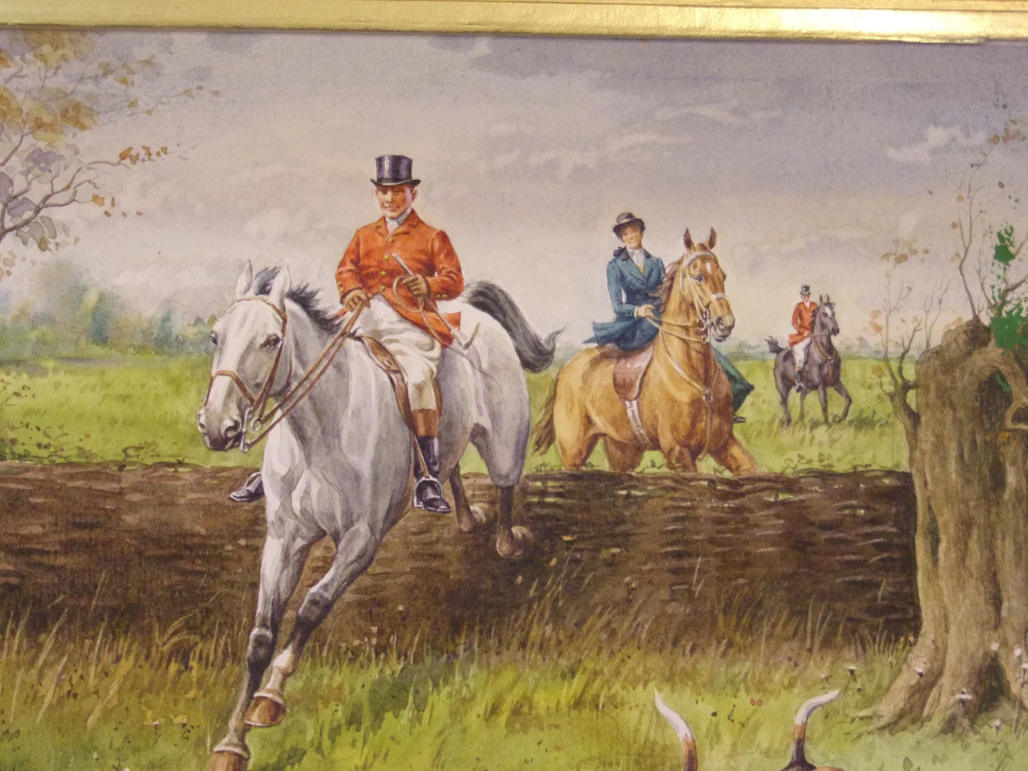 Aquarelle, scène chasse à Courre époque fin 19ème.