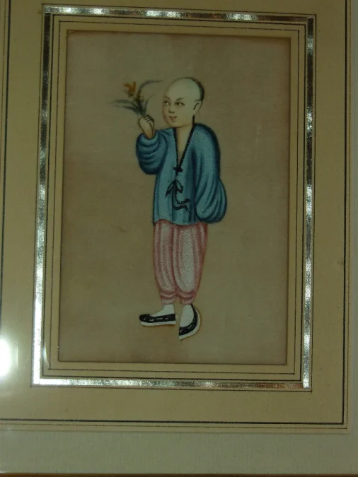Young Man Offering A Bouquet Of Flowers, Chinese Drawing On Rice Paper, 19th Century.