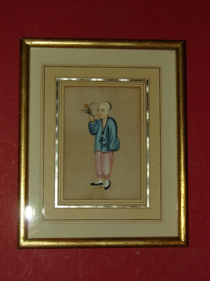 Young Man Offering A Bouquet Of Flowers, Chinese Drawing On Rice Paper, 19th Century.