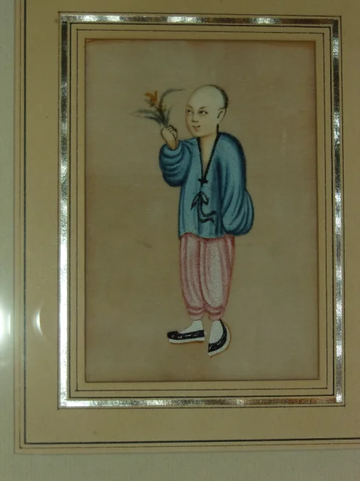 Young Man Offering A Bouquet Of Flowers, Chinese Drawing On Rice Paper, 19th Century.