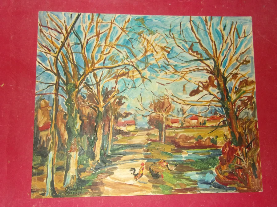 Paysage aux Volailles,  grand tableau d'Aimet Vallat époque 20 ème.