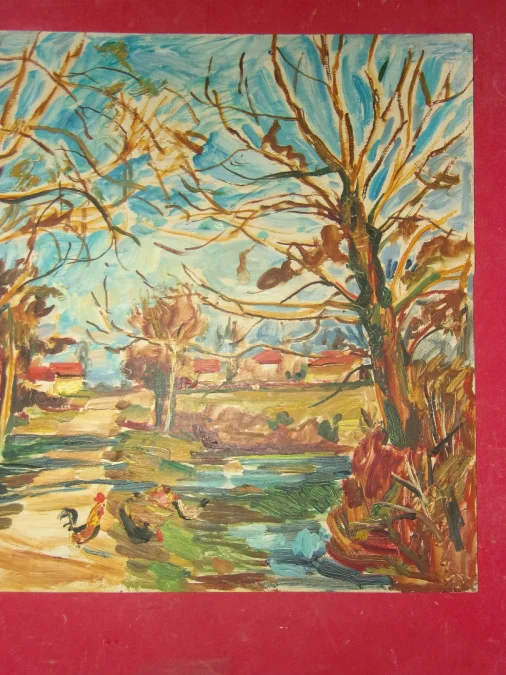 Paysage aux Volailles,  grand tableau d'Aimet Vallat époque 20 ème.