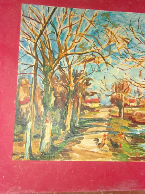 Paysage aux Volailles,  grand tableau d'Aimet Vallat époque 20 ème.