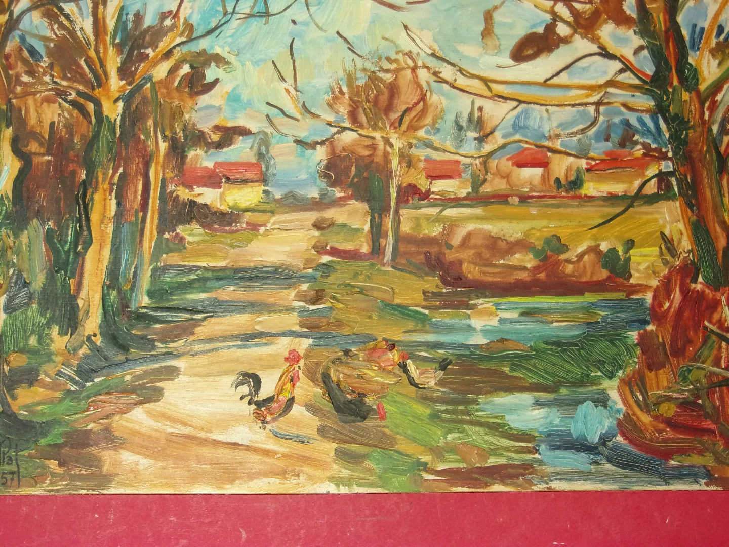 Paysage aux Volailles,  grand tableau d'Aimet Vallat époque 20 ème.