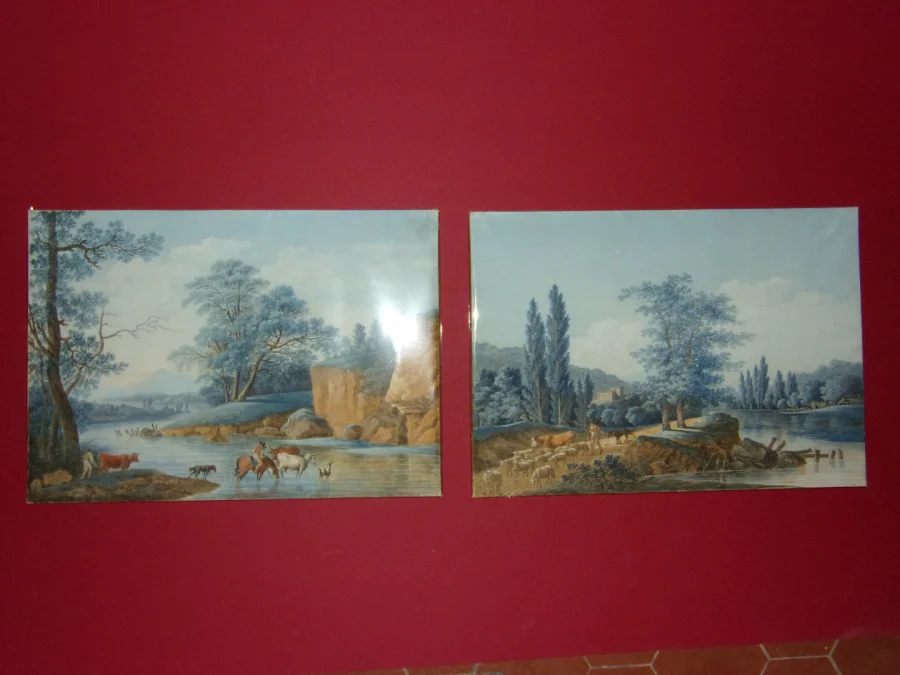 Paire d'aquarelles époque fin  18ème, Paysages pastoraux animés.