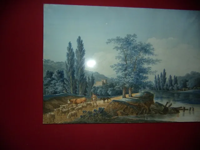 Paire d'aquarelles époque fin  18ème, Paysages pastoraux animés.