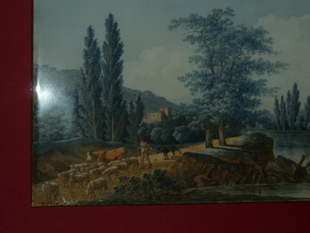 Paire d'aquarelles époque fin  18ème, Paysages pastoraux animés.