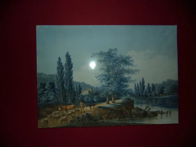 Paire d'aquarelles époque fin  18ème, Paysages pastoraux animés.