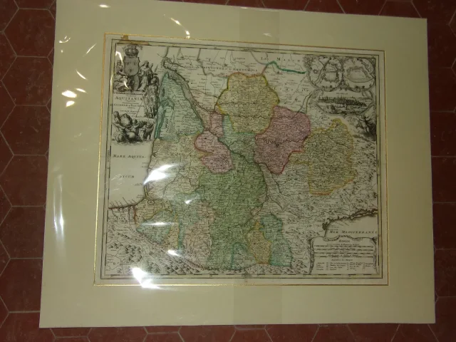 Large Geographical Map Of Aquitaine By Johann Baptist Homann, 17th Century.