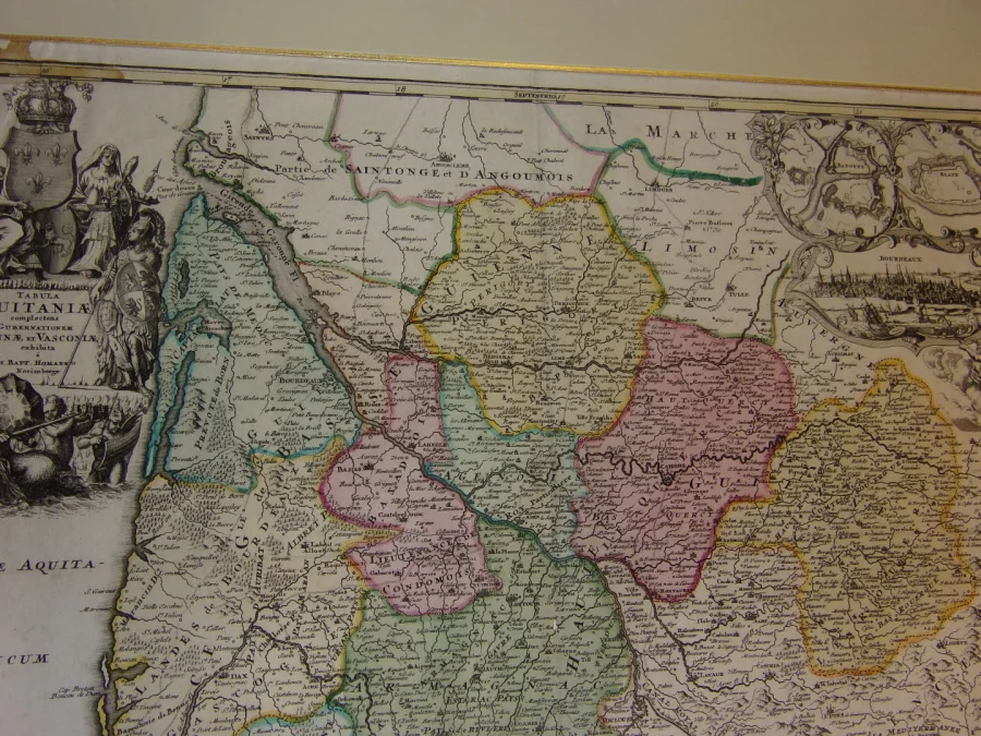 Grande Carte Géographique de l'Aquitaine de Johann Baptist Homann, époque 17 ème.