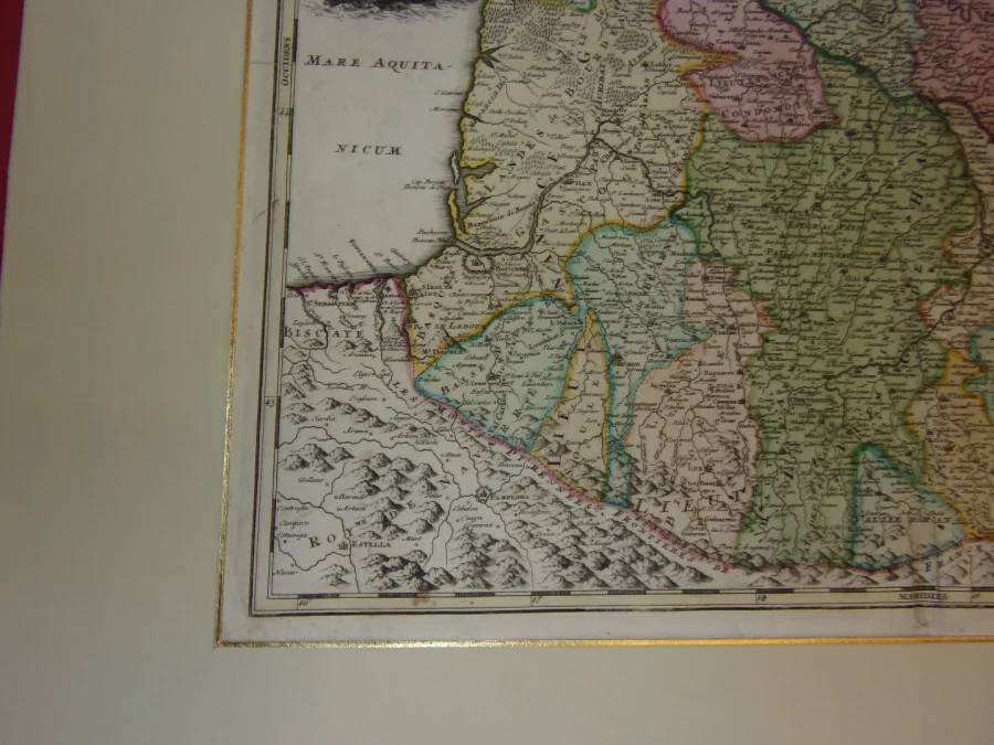 Grande Carte Géographique de l'Aquitaine de Johann Baptist Homann, époque 17 ème.