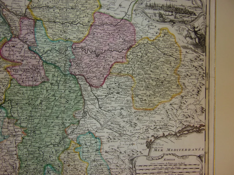 Grande Carte Géographique de l'Aquitaine de Johann Baptist Homann, époque 17 ème.