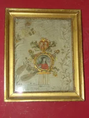 Convent Painting In Paperolles; Medallion Of Saint, Late 18th Century.
