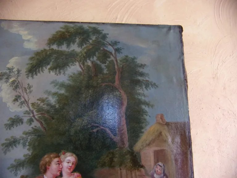 Scène Galante, Large Oil On Canvas From The 18th Century.