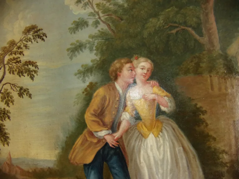Scène Galante, Large Oil On Canvas From The 18th Century.