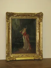 Peinture, jeune fille dans un parc, époque 19 ème.