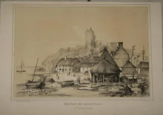 Chateau de Tancarville, lithographie sépia et blanche, époque 19ème