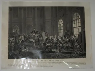 Départ du roi Louis XVIII, gravure époque 19ème.