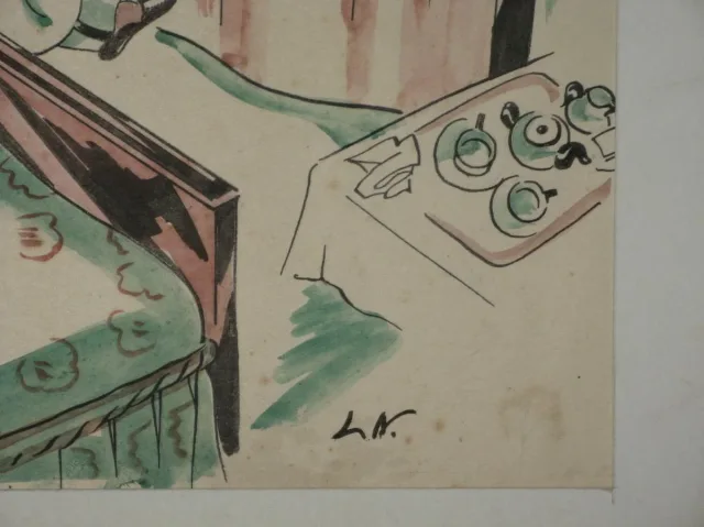 Dessin, scène de chambre, époque 20ème.