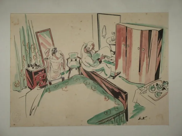 Dessin, scène de chambre, époque 20ème.