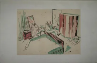 Dessin, scène de chambre, époque 20ème.